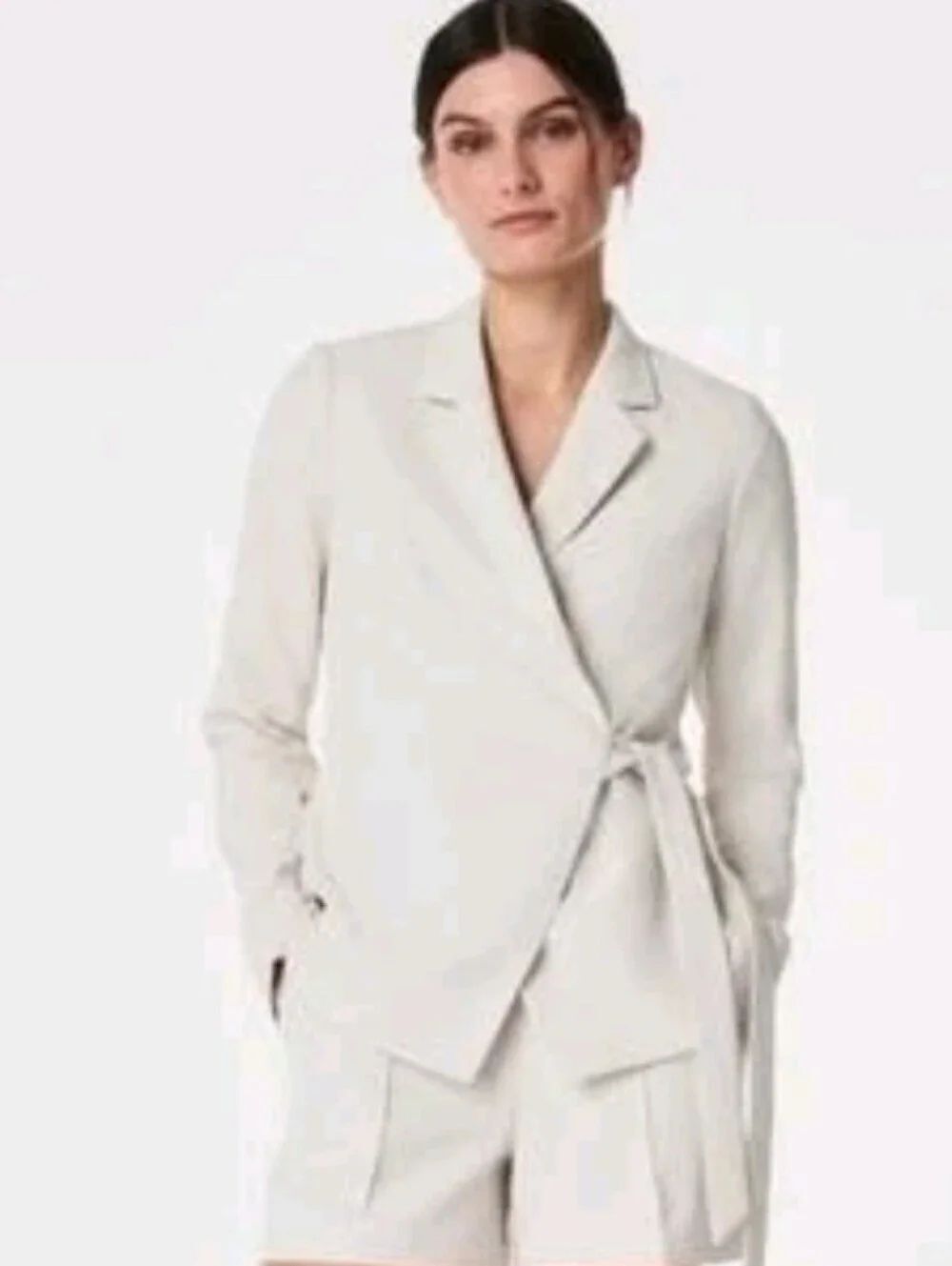 Spanx Carefree Wrap Blazer Cream White belted crepe jacket Size S